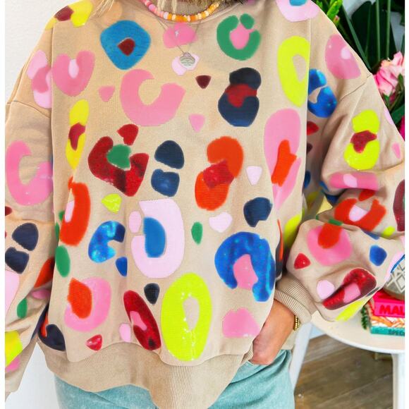 Khaki Multicolor Leopard Printed Drop Shoulder Pullover Sweatshirt Kawaii - Picture 3 of 8